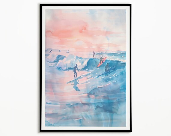 Pink Sunset Surfers Watercolor Ocean Waves Coastal Beach Art Poster