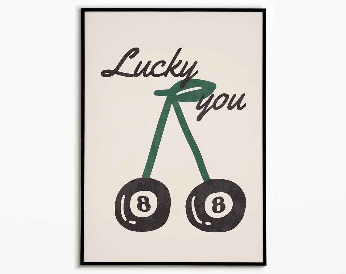 Lucky You Eight Ball Cherry Stems Retro Graphic Wall Art Decor