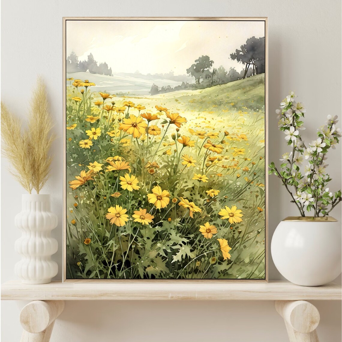 Yellow Wildflower Field Sunlit Meadow Watercolor Floral Art Poster - Image 5