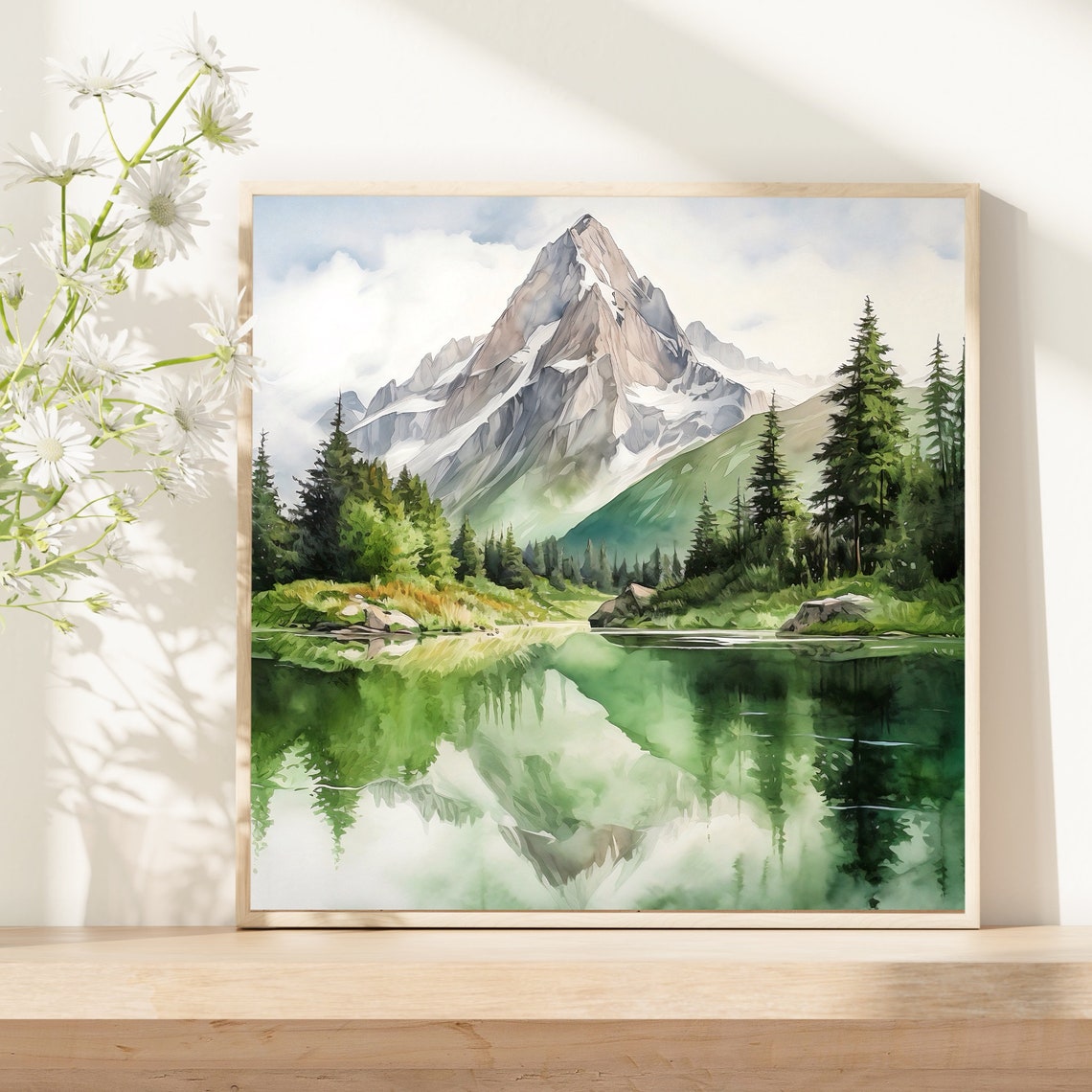 Snow Peak Lake Reflection Pine Forest Watercolor Nature Art Poster - Image 4