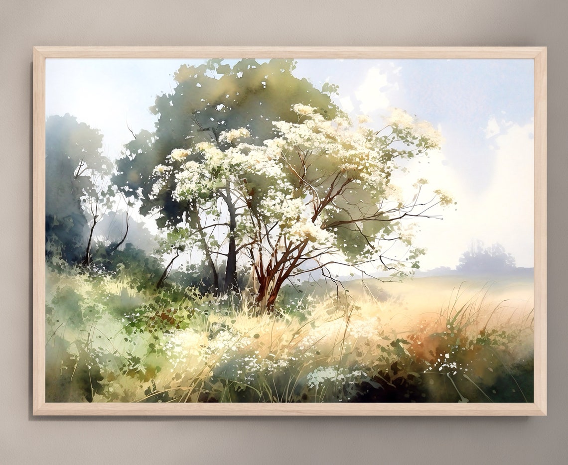 Sunlit Flowering Meadow Golden Morning Light Watercolor Art Print - Image 3