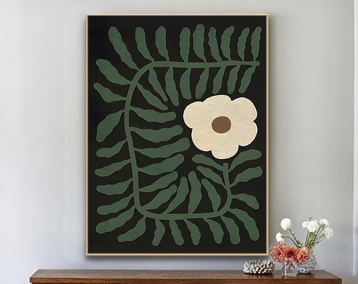 Cream Flower and Green Fern Arch on Black Botanical Art Poster