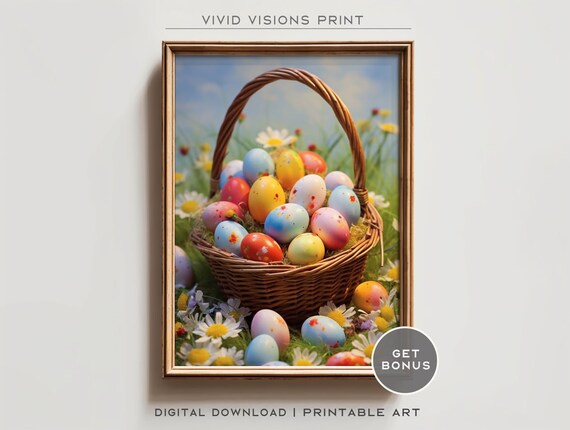 Wicker Basket of Painted Easter Eggs in a Daisy Meadow Poster