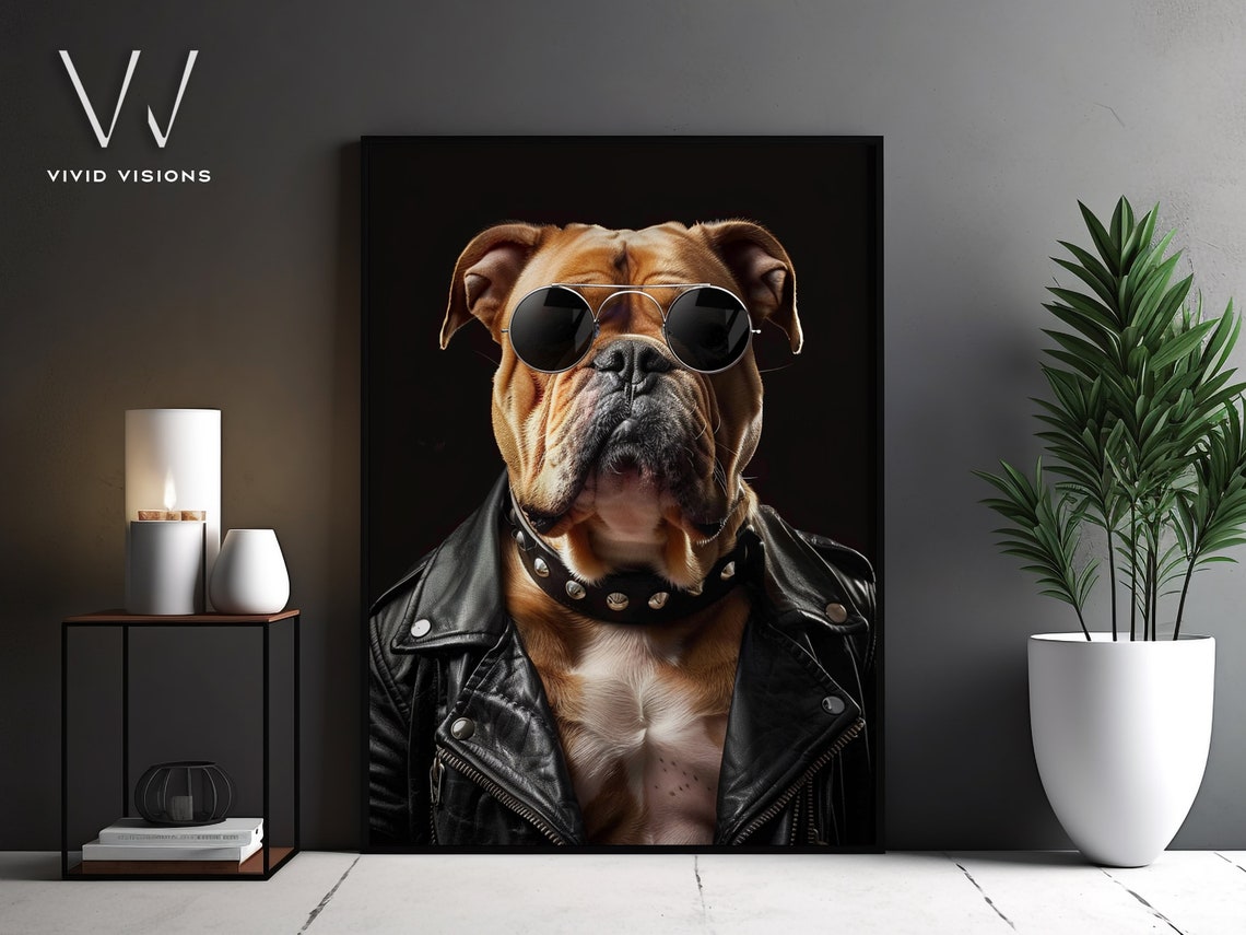 Boxer Dog in Leather Jacket Sunglasses Biker Pet Portrait Poster