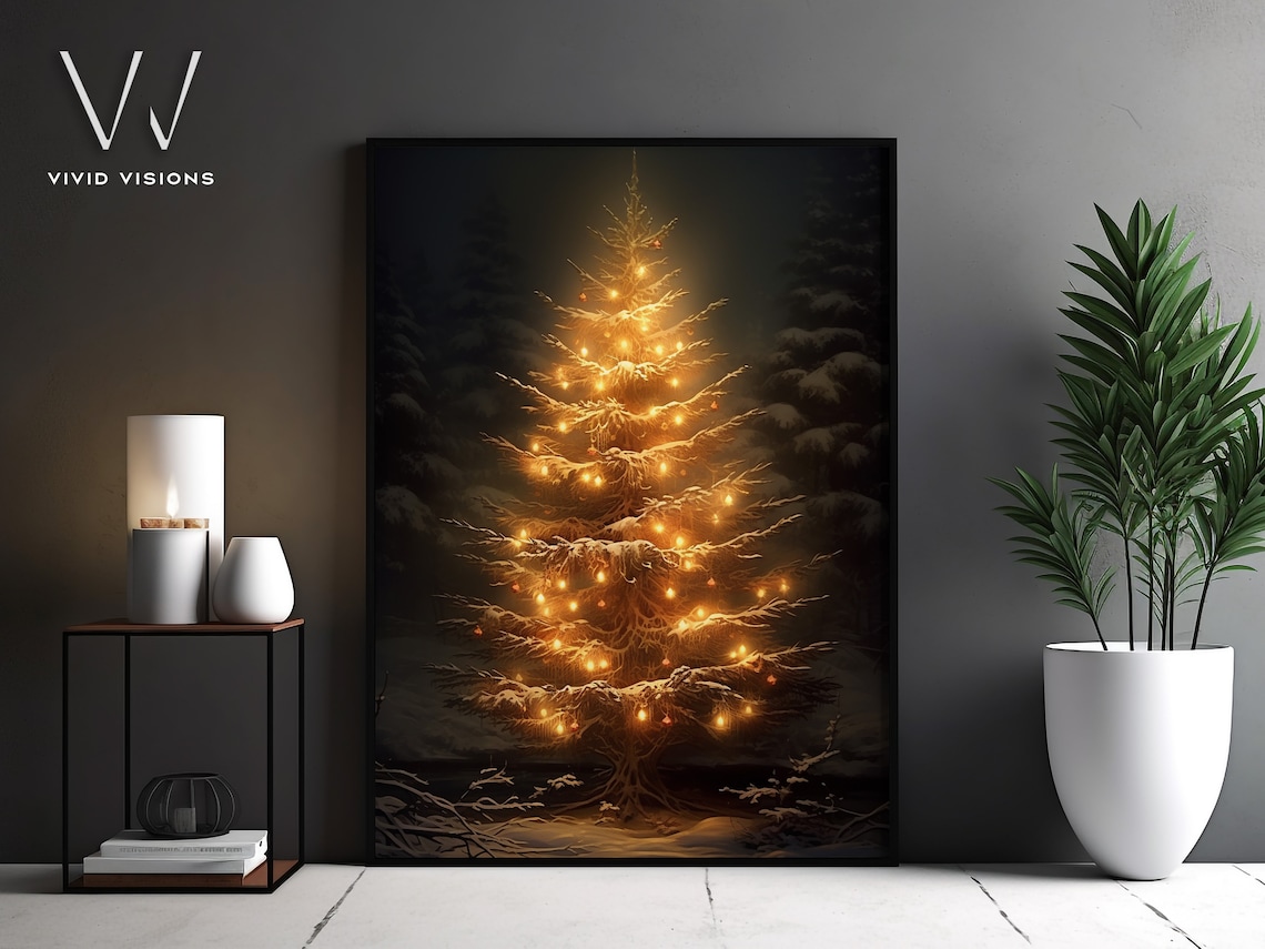 Vintage Christmas Tree Painting, Rustic Holiday Art Print