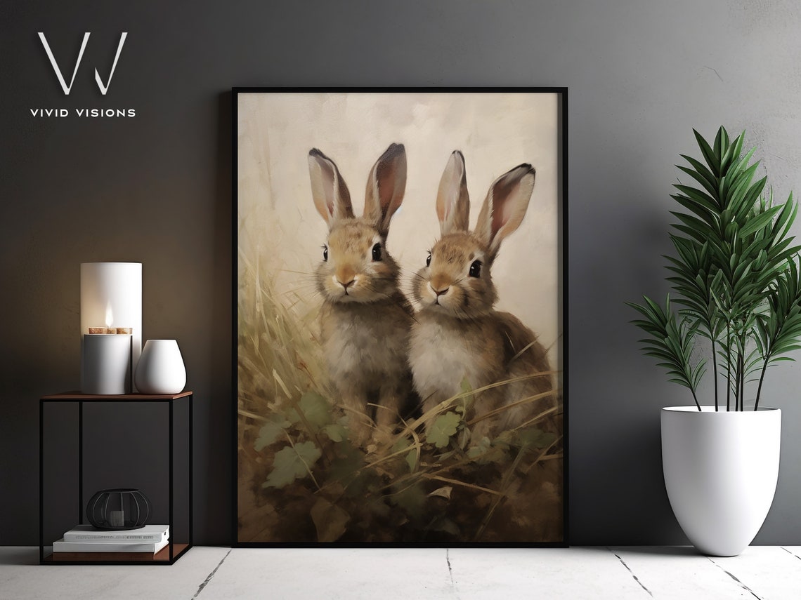 Two Bunnies in Tall Grass Vintage Easter Rabbit Spring Poster