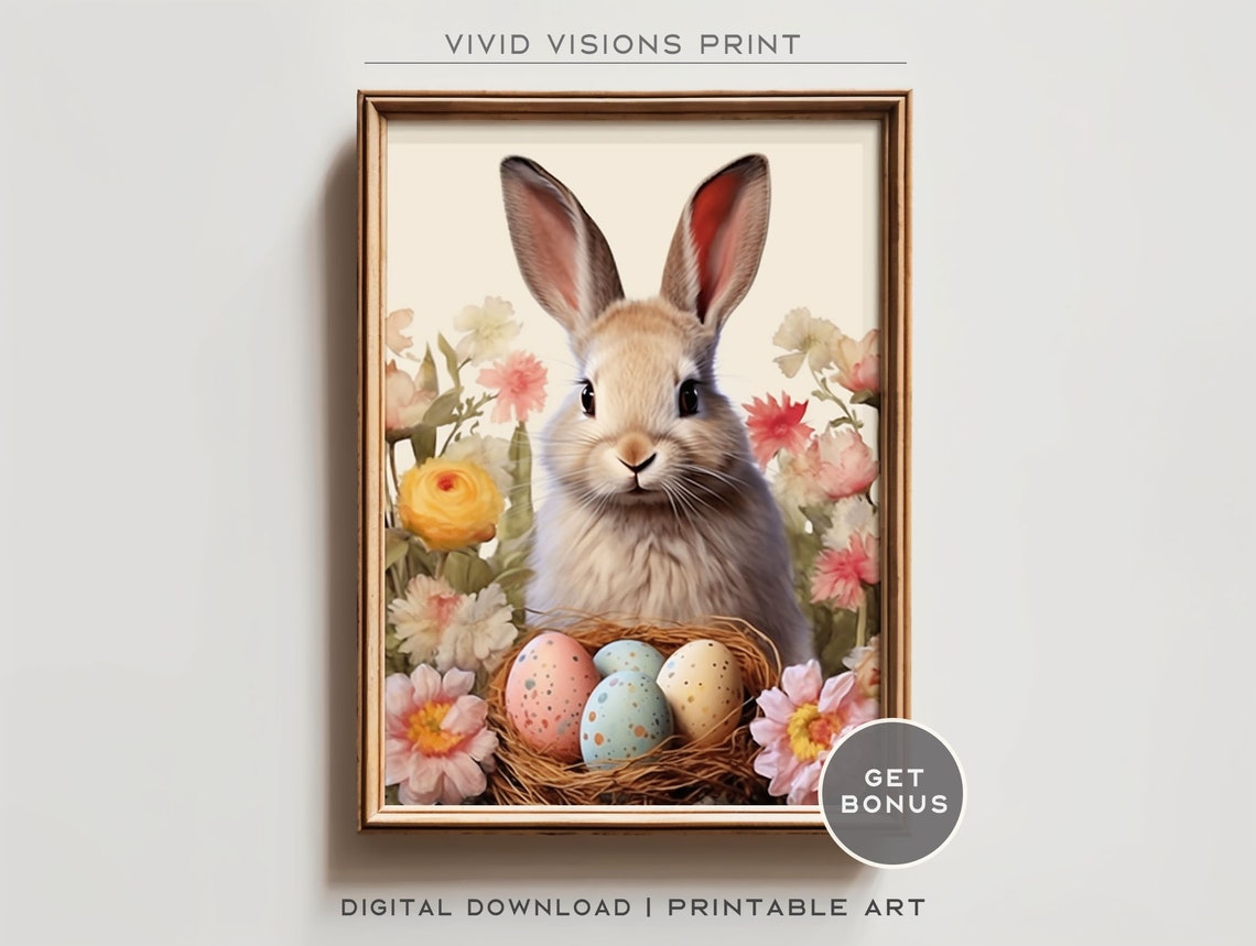 Spring Bunny with Pastel Easter Eggs Vintage Floral Wall Poster