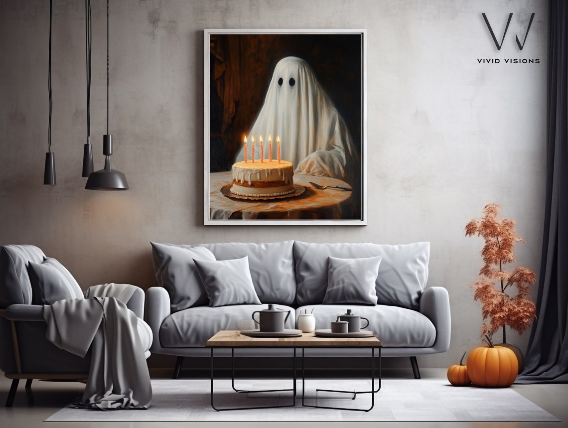 Ghost Behind A Birthday Cake With Lit Candles Poster Whimsical Art - Image 3
