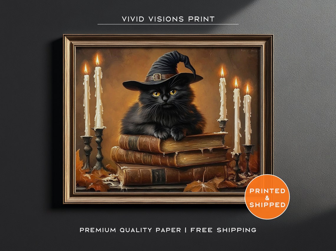 Black Cat in Witch Hat on Spell Books with Candles Halloween Poster