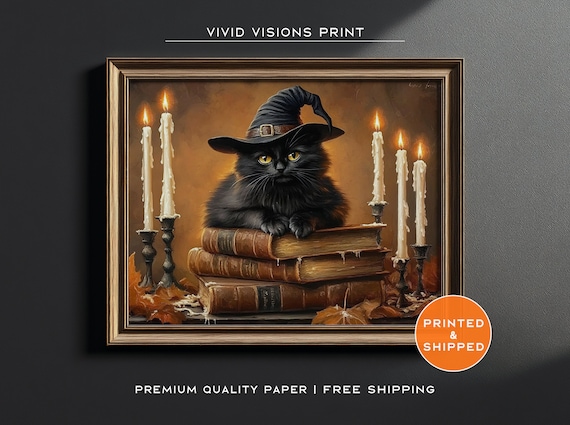 Black Cat in Witch Hat on Spell Books with Candles Halloween Poster
