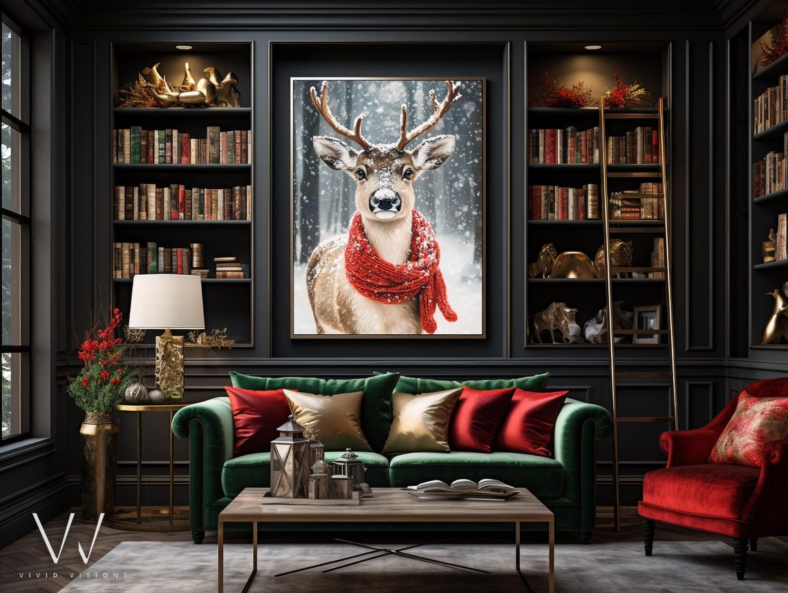 Reindeer in Red Knit Scarf Standing in Falling Snow Winter Poster - Image 3