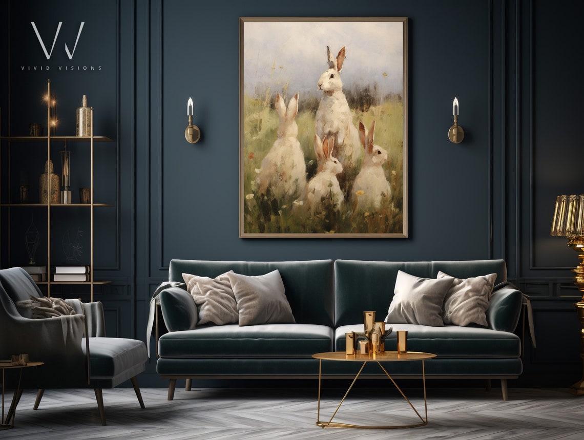 Four White Rabbits Tall Grass Wild Meadow Vintage Spring Poster - Image 3