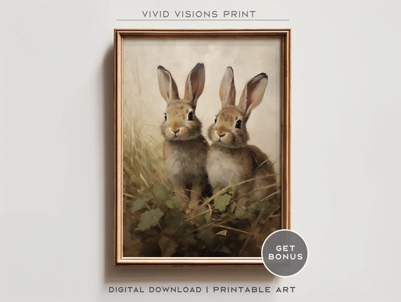 Two Brown Rabbits Meadow Spring Vintage Watercolor Animal Poster