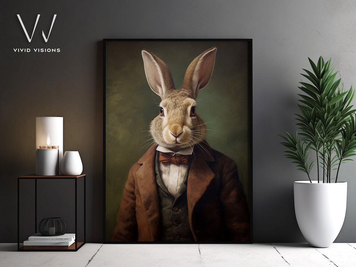 Hare in Brown Suit Victorian Animal Portrait Rust Bow Tie Poster