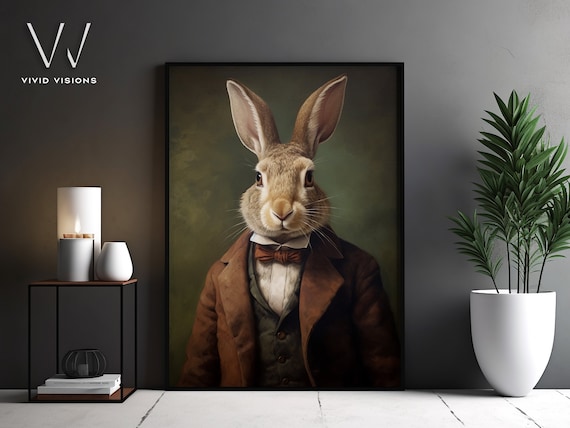 Hare in Brown Suit Victorian Animal Portrait Rust Bow Tie Poster