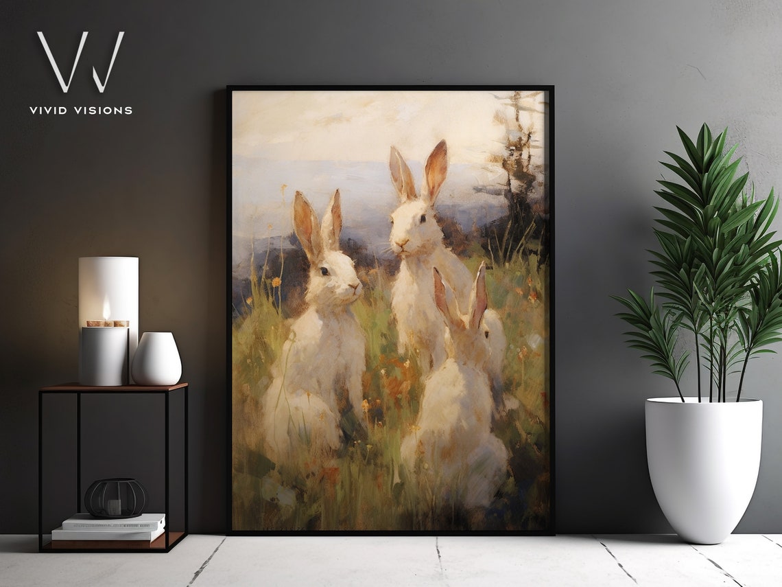 Three White Hares in the Meadow Vintage Spring Rabbit Poster