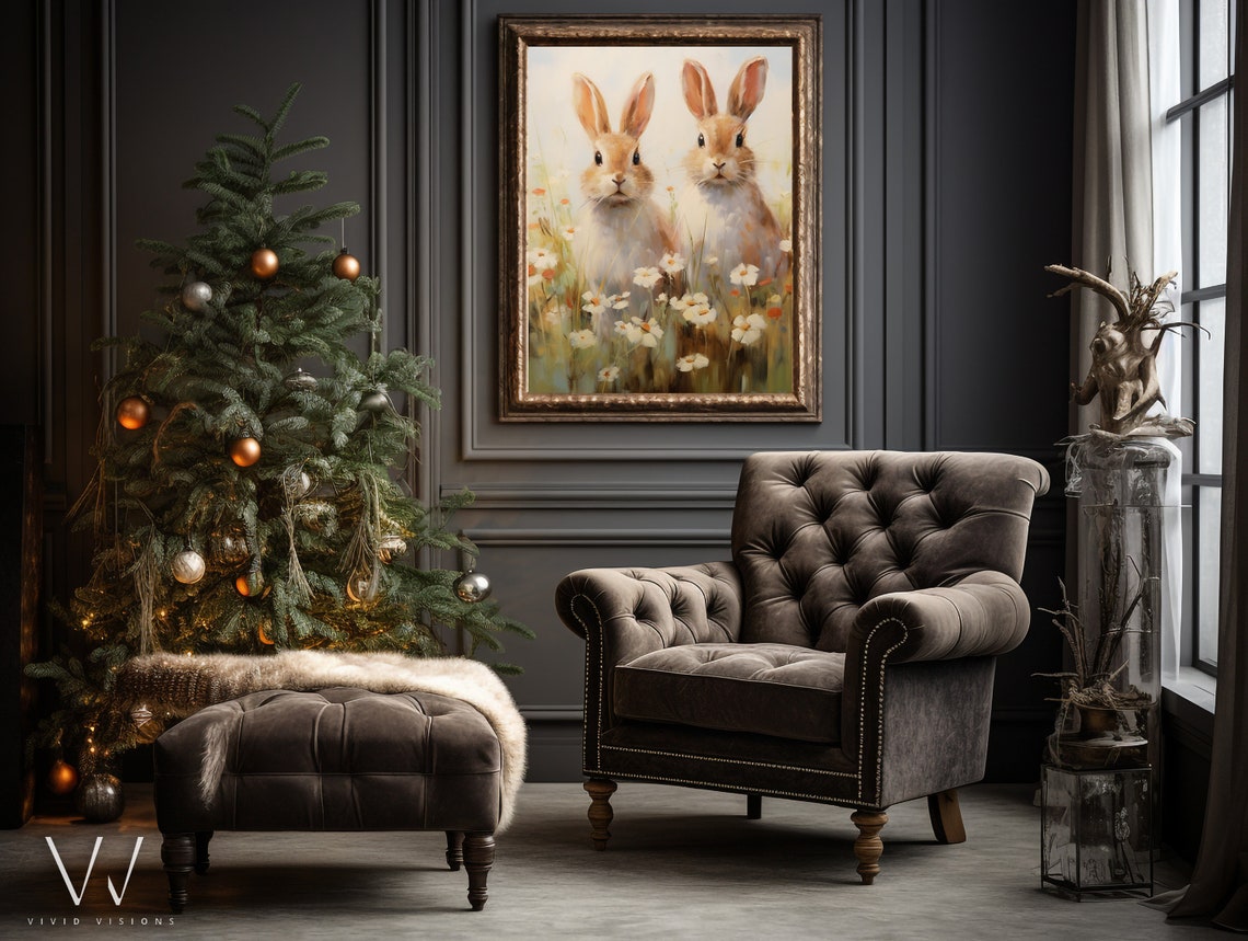 Two Sweet Bunnies Sitting Among White Daisies Spring Meadow Poster - Image 4