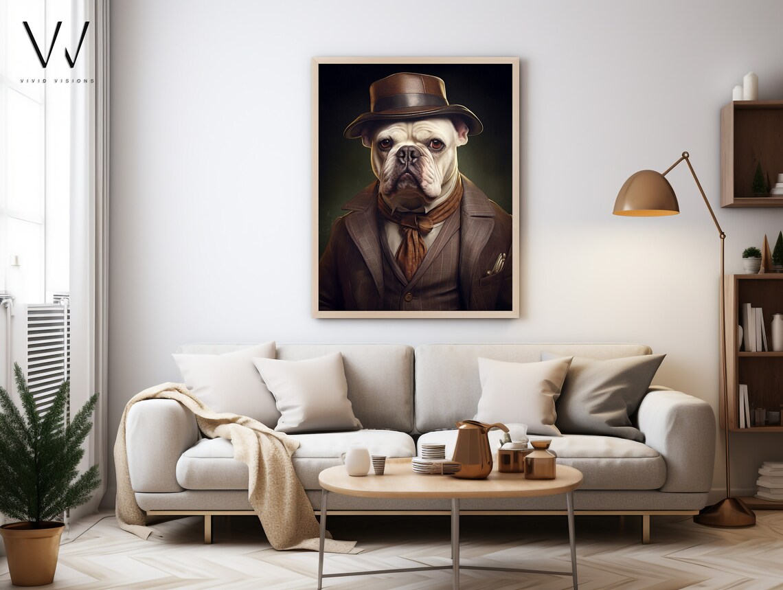 White English Bulldog Fedora Suit Victorian Portrait Art Poster - Image 4