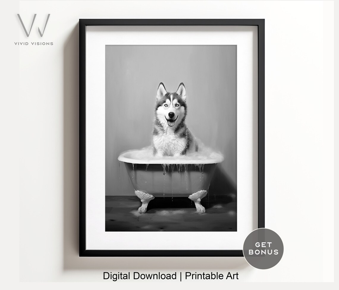 Siberian Husky In A Vintage Bathtub, Rustic Bath Art