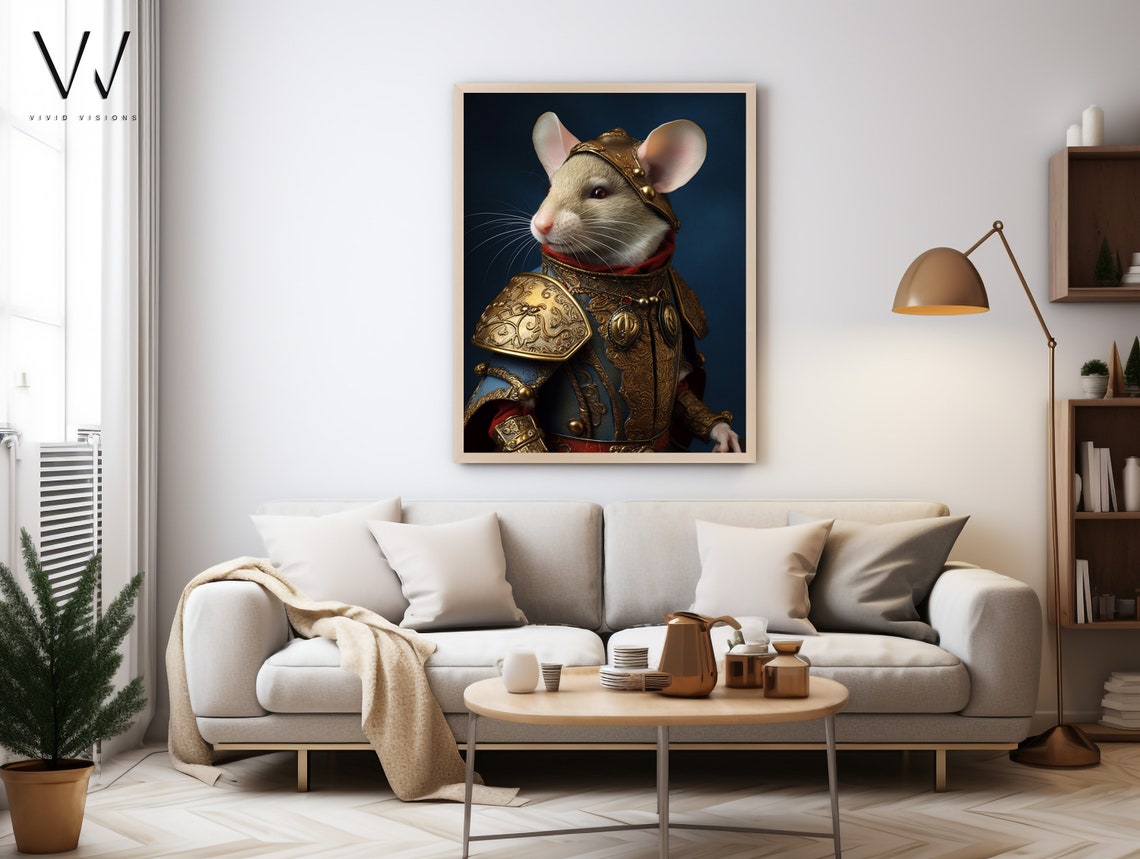 Mouse Knight Gold Helmet Blue Armor Dark Animal Portrait Poster - Image 3