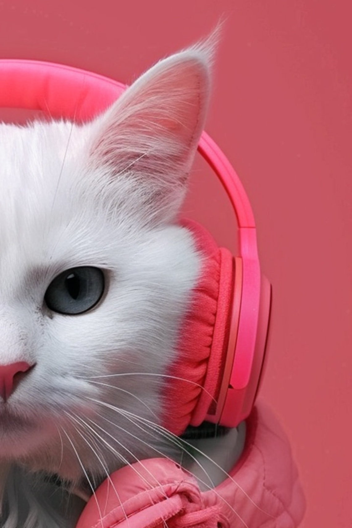 White Cat in Pink Puffer Jacket Headphones Cute Animal Poster Art - Image 2