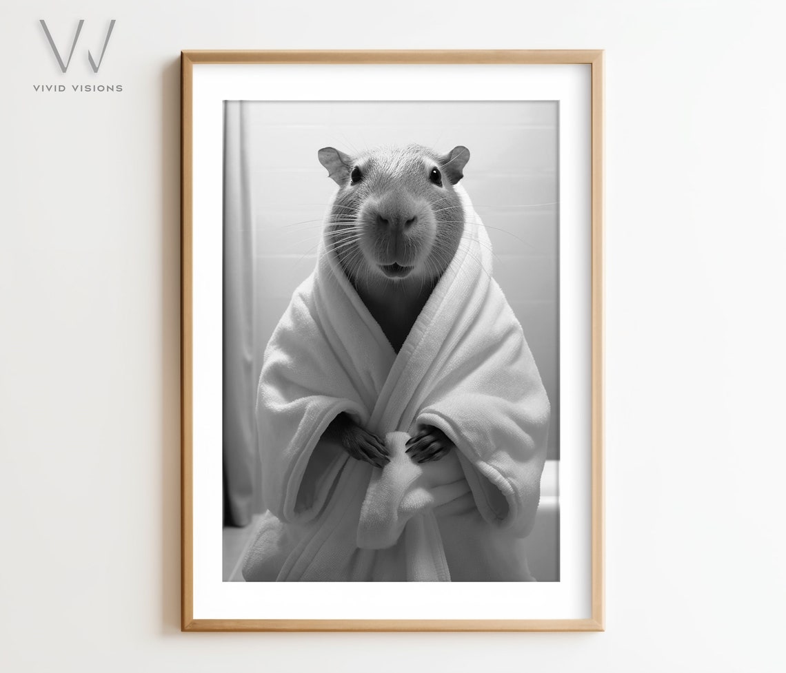 Funny Capybara in a Bathrobe Black and White Bathroom Poster