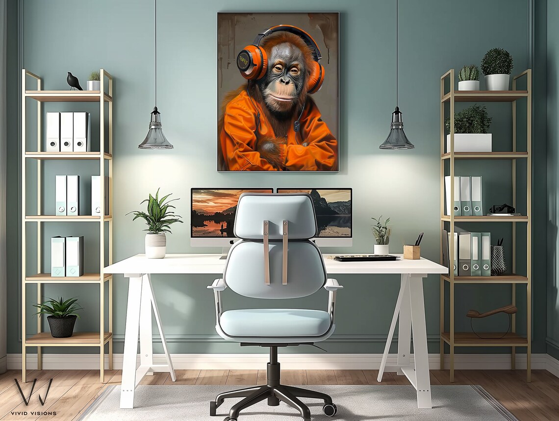 Orangutan with Orange Headphones Modern Music Animal Portrait Poster - Image 3