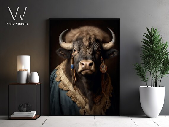 Regal Buffalo Gold Lace Shawl Blue Drape Animal Portrait Poster