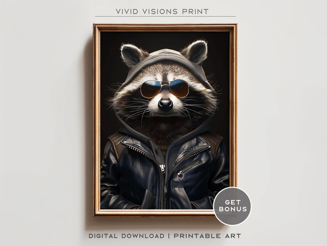 Modern Raccoon Portrait in Sunglasses, Vintage Style