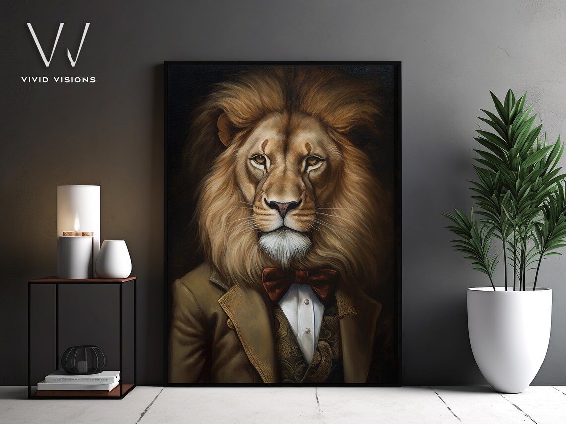 Gentleman Lion Tan Suit Bow Tie Paisley Vest Dapper King Portrait Poster