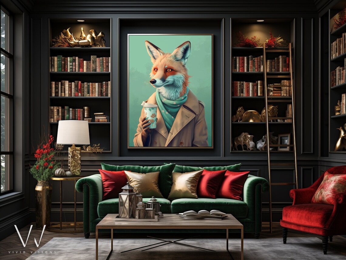 Red Fox in Trench Coat with Coffee Cup Cozy Autumn Animal Poster - Image 3