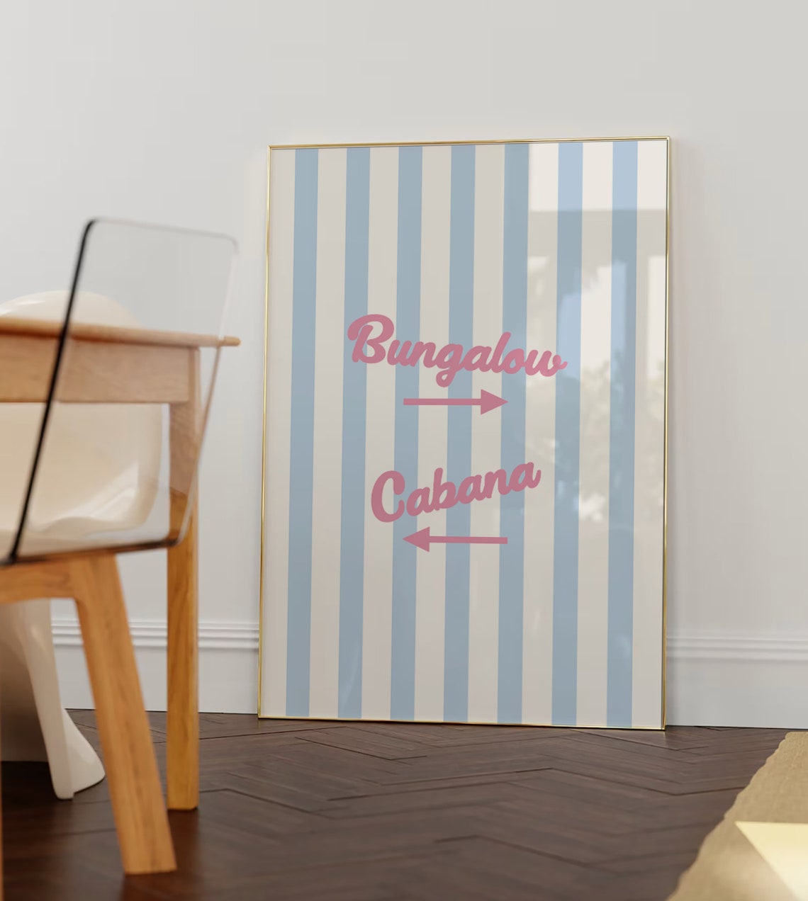 Breezy Bungalow Cabana Pink Script Coastal Striped Art Poster