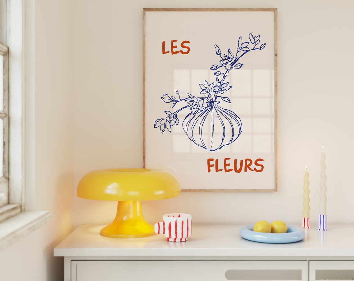 Les Fleurs Red Lettering Blue Floral Vase Elegant Line Art Poster - Image 5