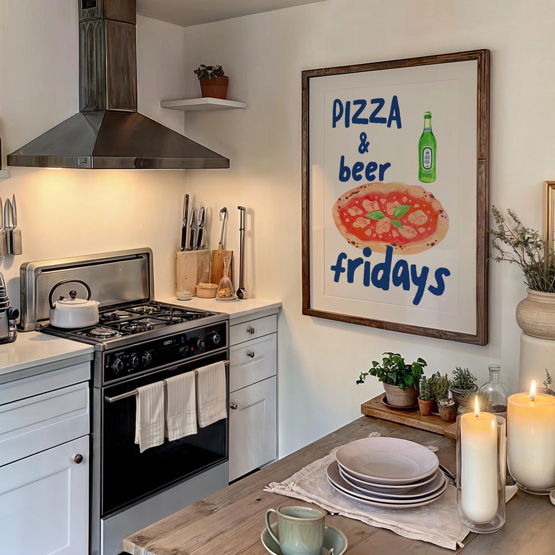 Pizza and Beer Fridays Margherita Watercolor Kitchen Party Wall Poster - Image 3