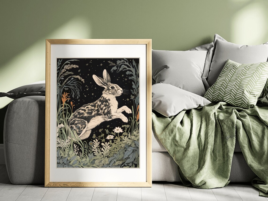Leaping Hare Dark Forest Night Wildflowers Mystical Animal Painting Poster - Image 4