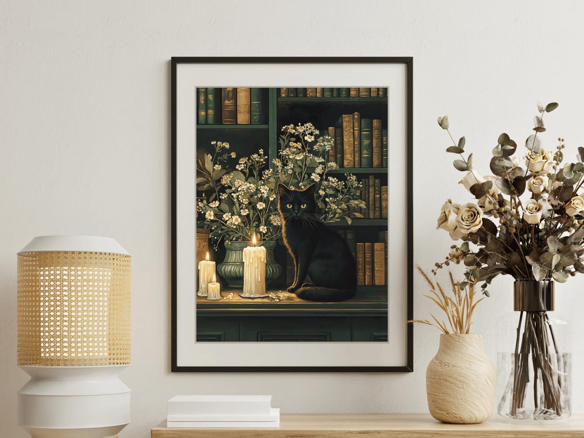 Black Cat In Candlelit Library Among Flowers And Antique Books Poster - Image 2