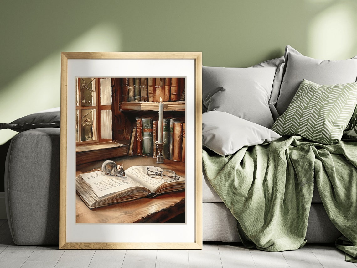 Cozy Mouse Reading An Open Book By Candlelight Book Nook Print - Image 4