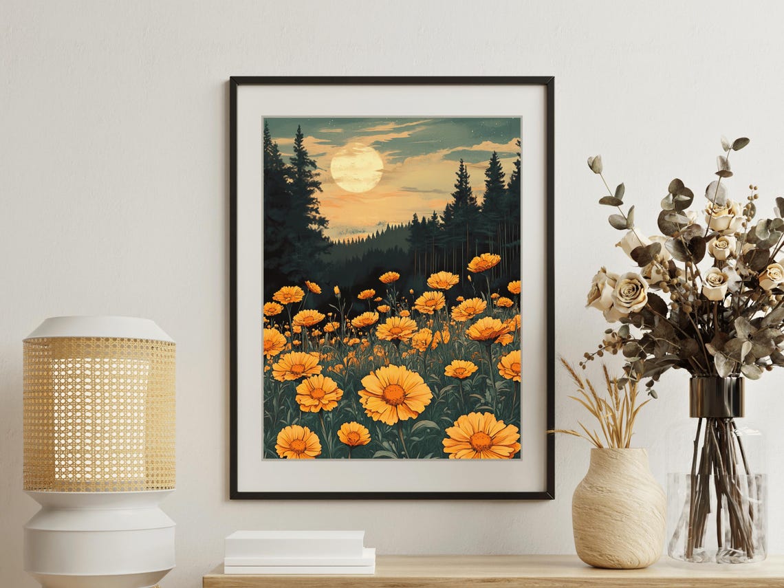 Marigold Meadow Wildflowers Under A Glowing Moon Forest Night Poster - Image 2
