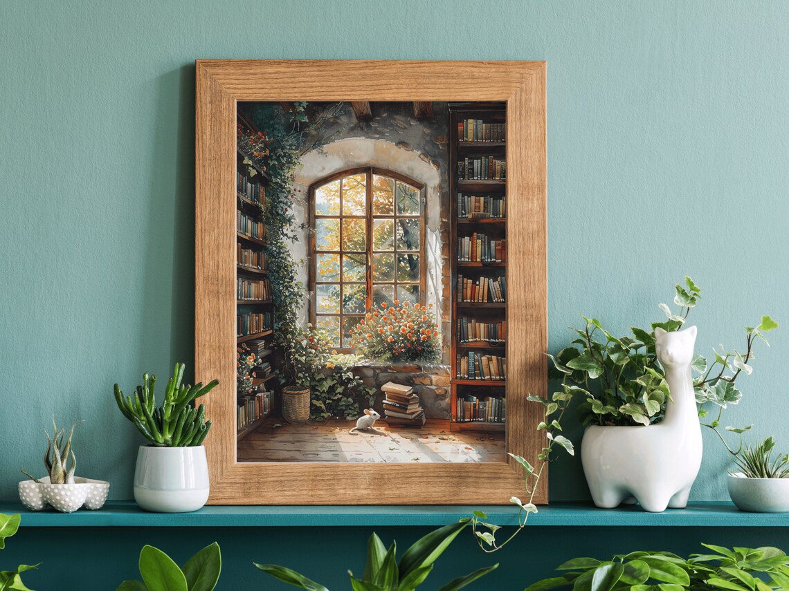White Mouse Cottage Library Arched Window Stone Wall Bookish Painting Poster - Image 5