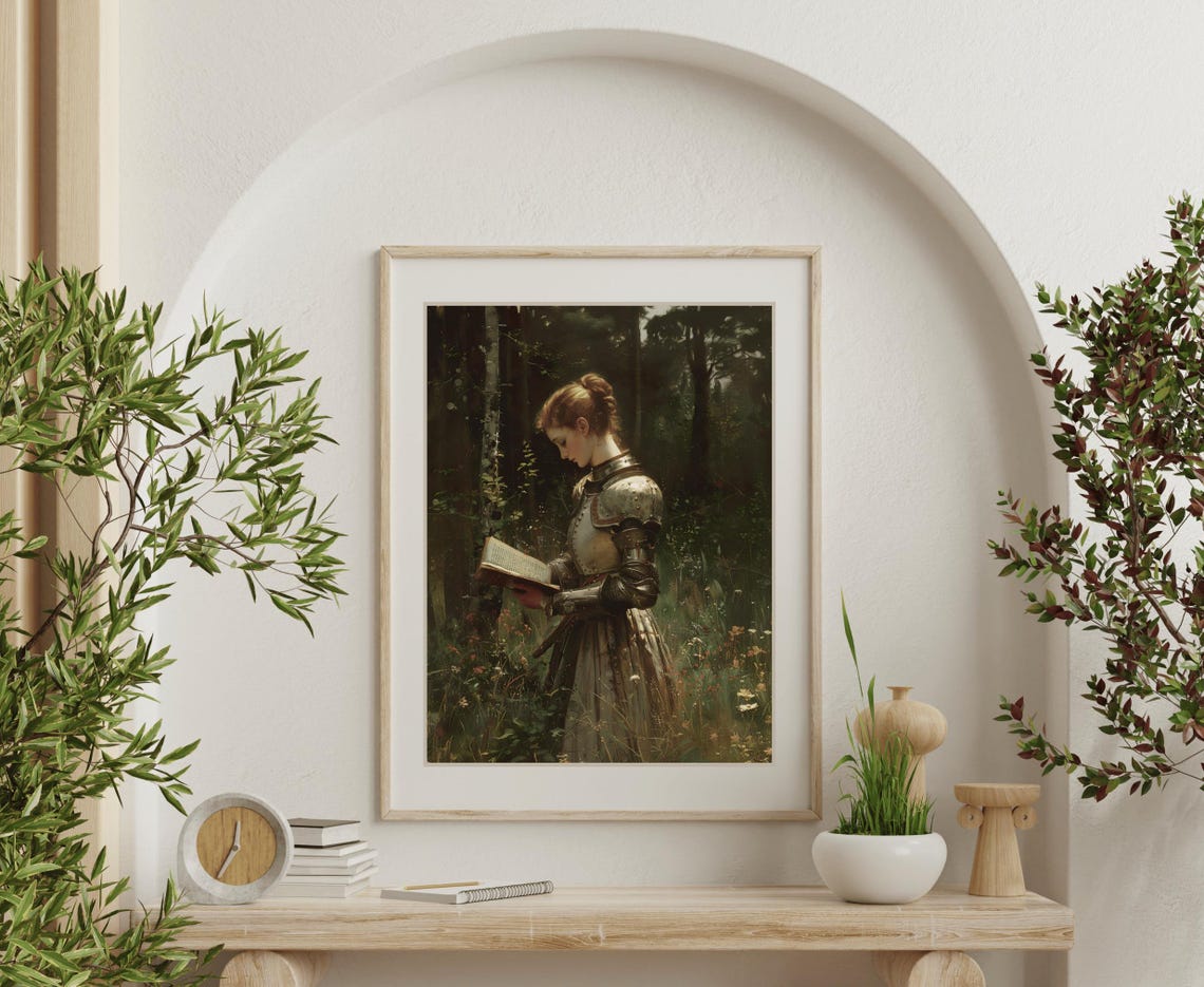 Lady Knight Reading A Book In A Sunlit Forest Meadow Wall Art - Image 6