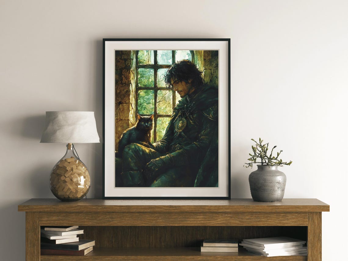 Medieval Knight With Black Cat In Castle Window Dark Academia Poster - Image 2