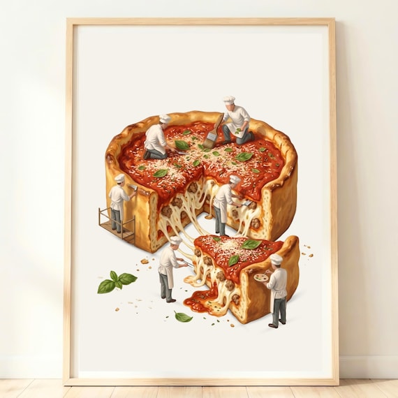 Chicago Wall Art Deep Dish Pizza Print Kitchen Decor Illinois Food Poster Windy City Artwork Gift