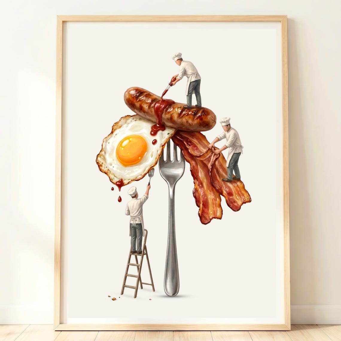 Giant Fried Egg Breakfast Tiny Chefs Whimsical Food Art Poster