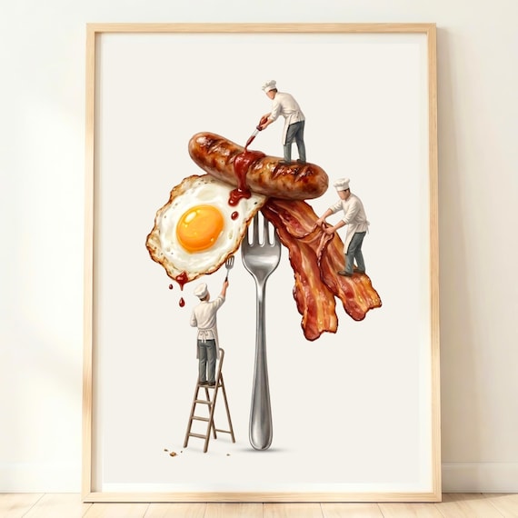 Giant Fried Egg Breakfast Tiny Chefs Whimsical Food Art Poster