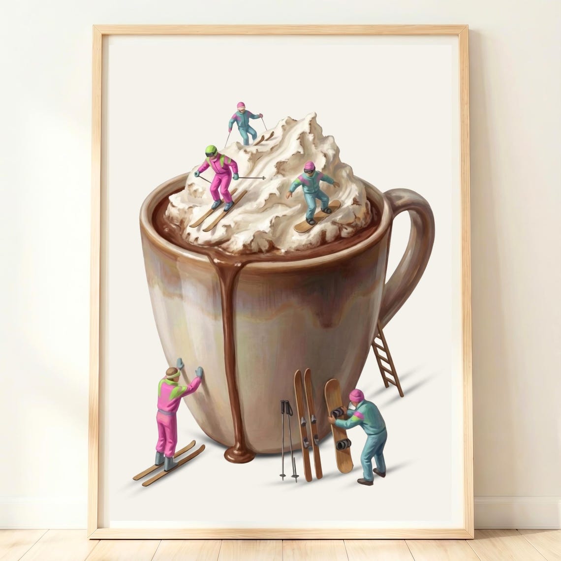 Whimsical Tiny Skiers Hot Chocolate Mug Winter Kitchen Poster