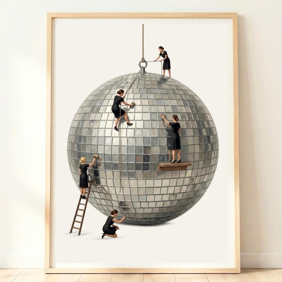 Miniature Women Polishing Giant Disco Ball Retro Party Decor Poster