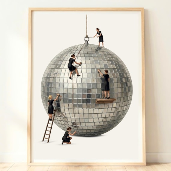 Miniature Women Polishing Giant Disco Ball Retro Party Decor Poster