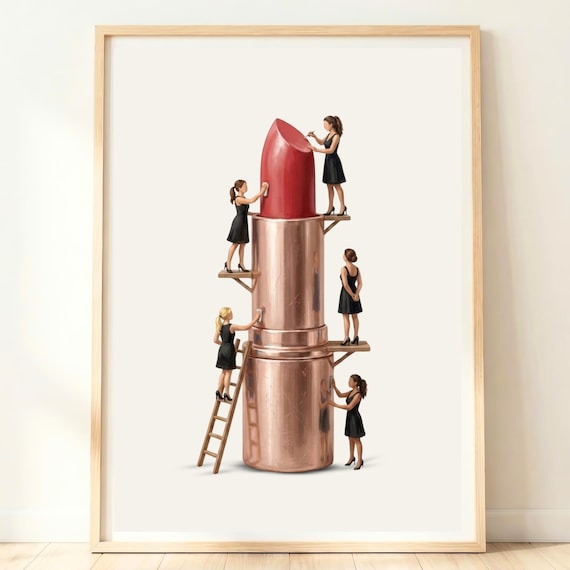 Tiny Women Giant Red Lipstick Whimsical Beauty Vanity Art Poster