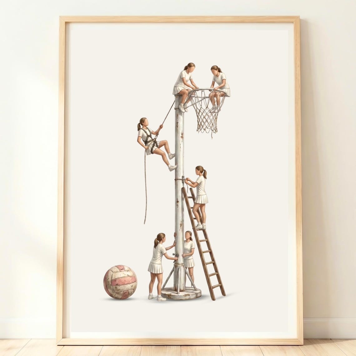 Tiny Players Building Giant Netball Hoop Whimsical Sports Poster