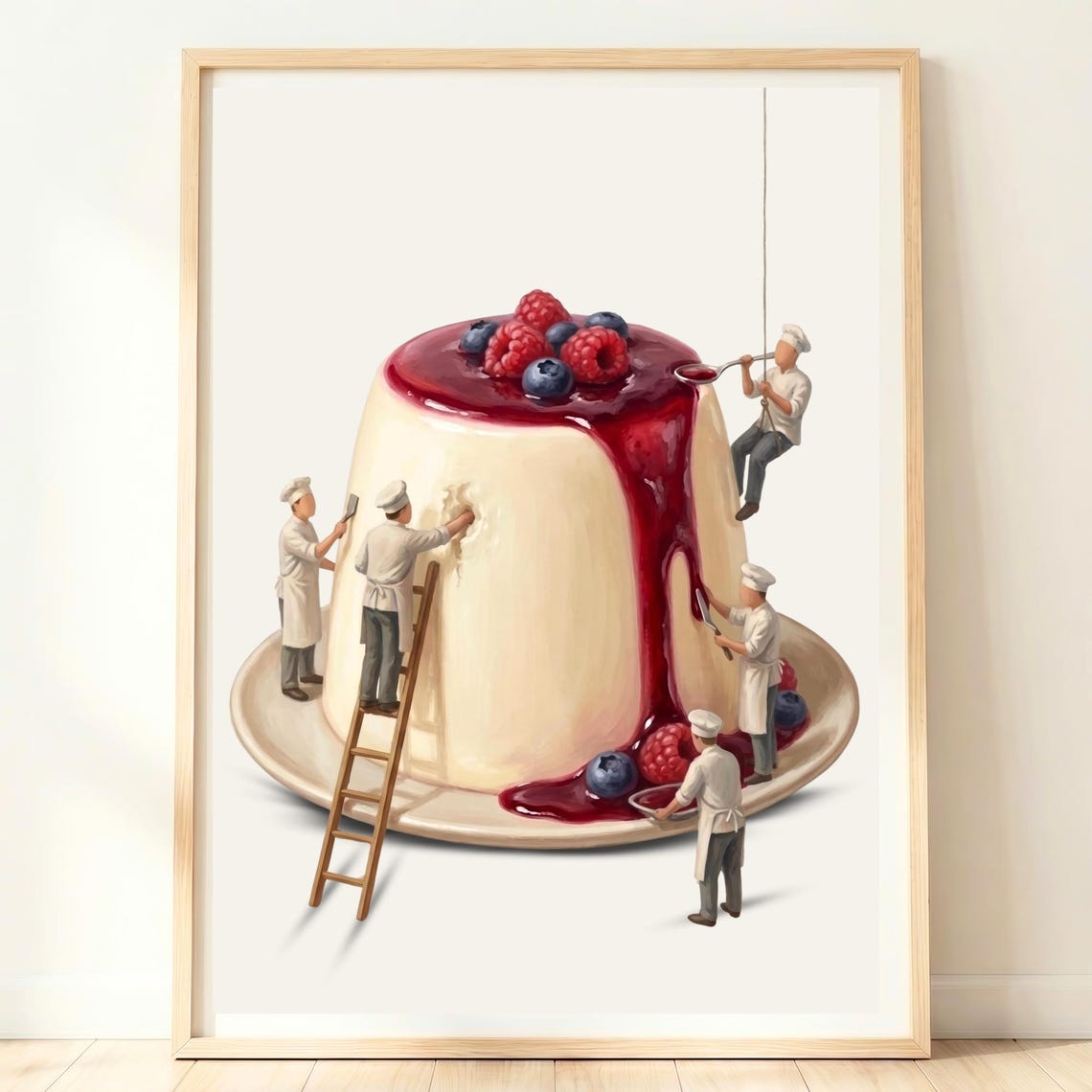 Tiny Chefs Giant Panna Cotta Berries Italian Dessert Kitchen Poster